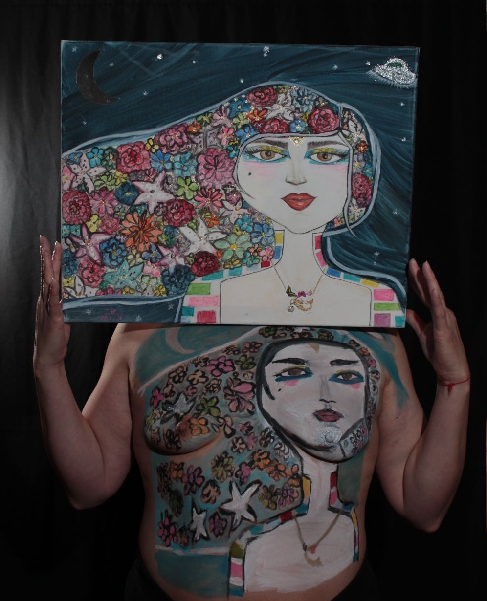painting of female face with stars in hair against a night sky with a spaceship in the background on canvas held above copy on woman's torso