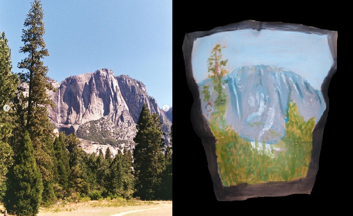 body painting on woman's torso of mountain and lake next to original photo of same taken by that woman