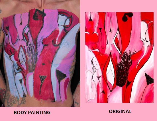 painting of abstract female form on canvas next to copy on woman's torso