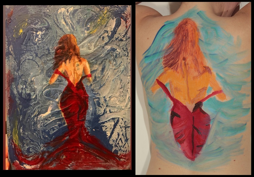 painting of back of female in red dress form on canvas next to copy painted on woman's back