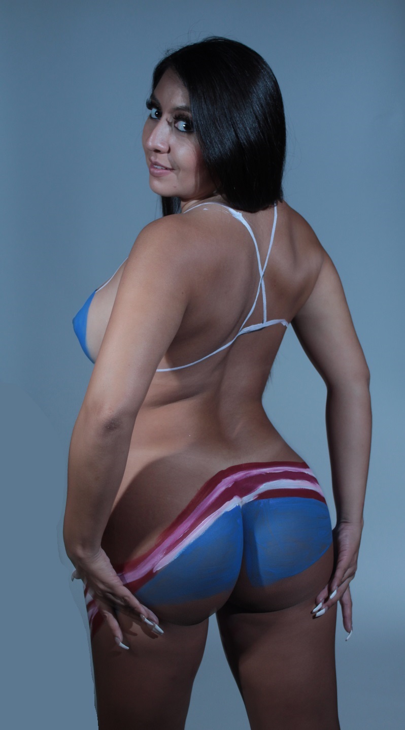 model with red, white, blue body painted bikini
