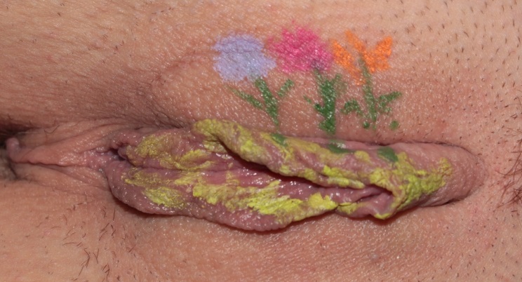 Painting on labia of flowers growing on grass