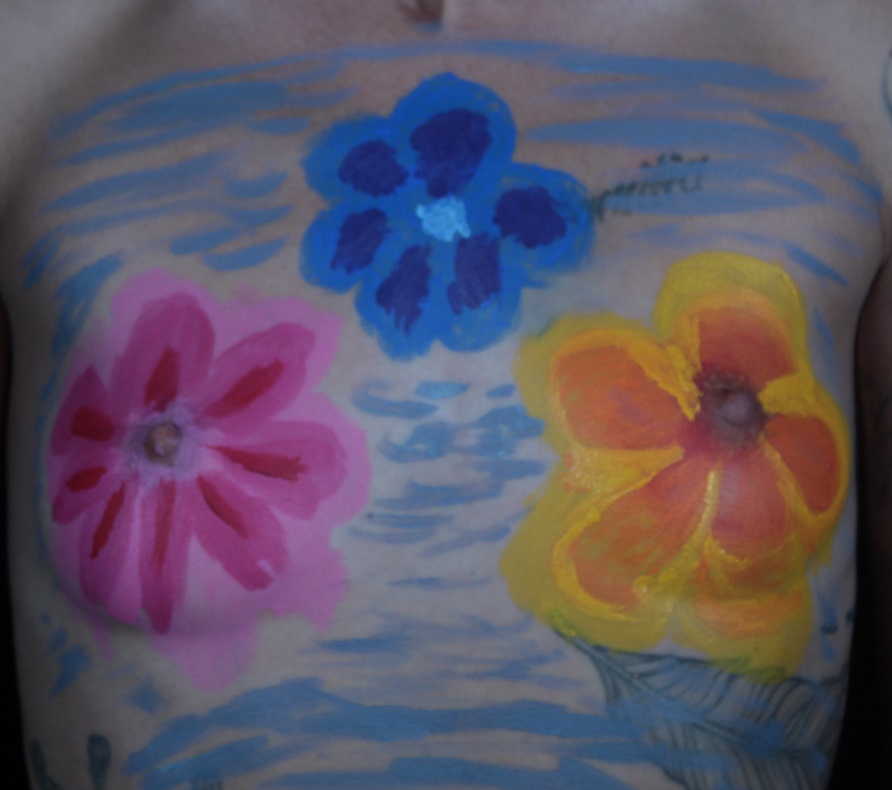 60s stylized flowers on woman's chest