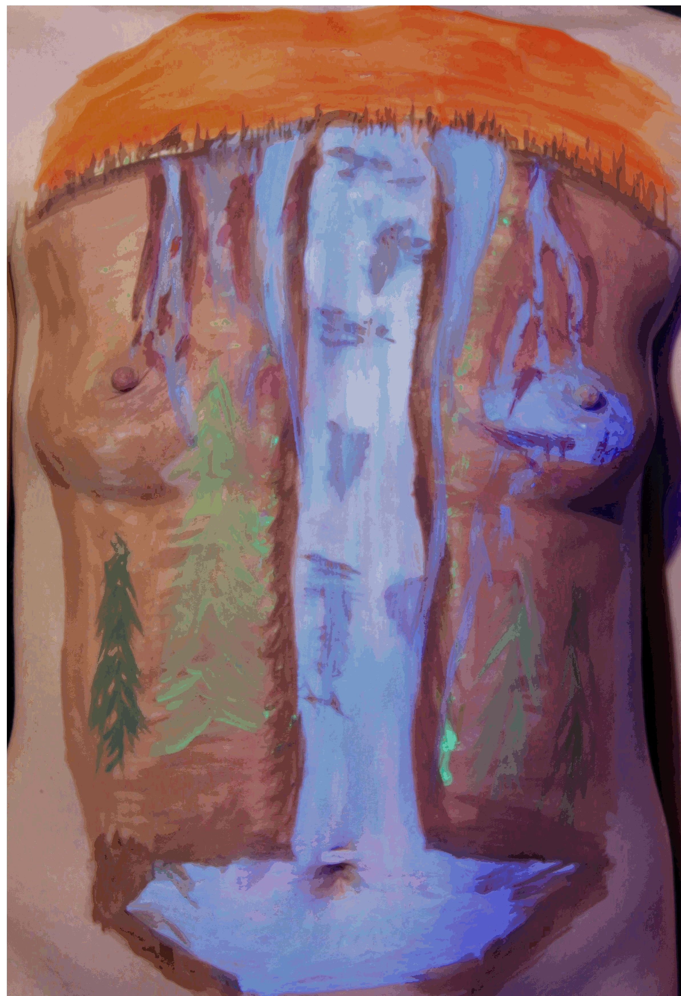 waterfall in U V colors on woman's chest