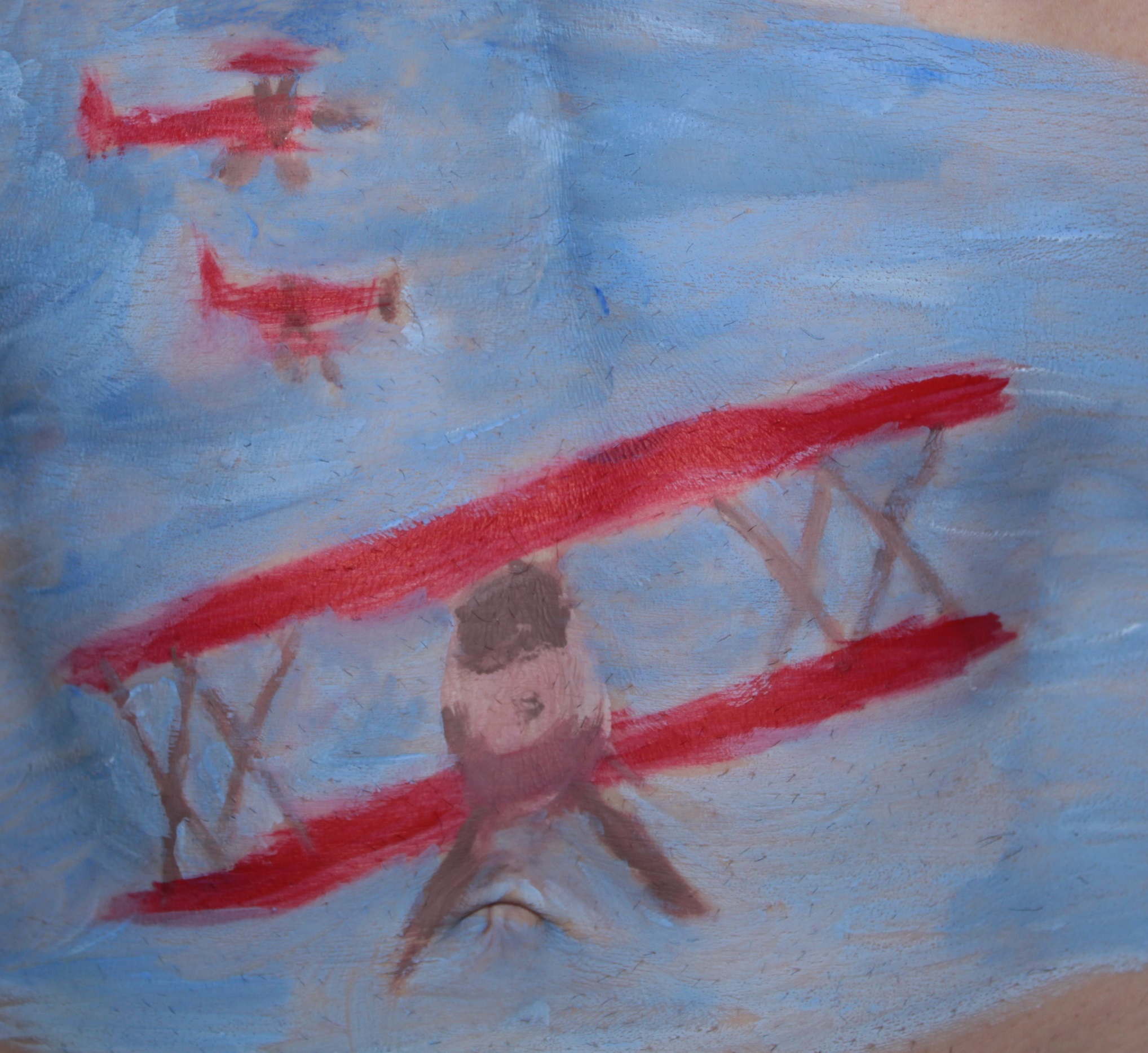 red bi-planes in the air painted on male torso