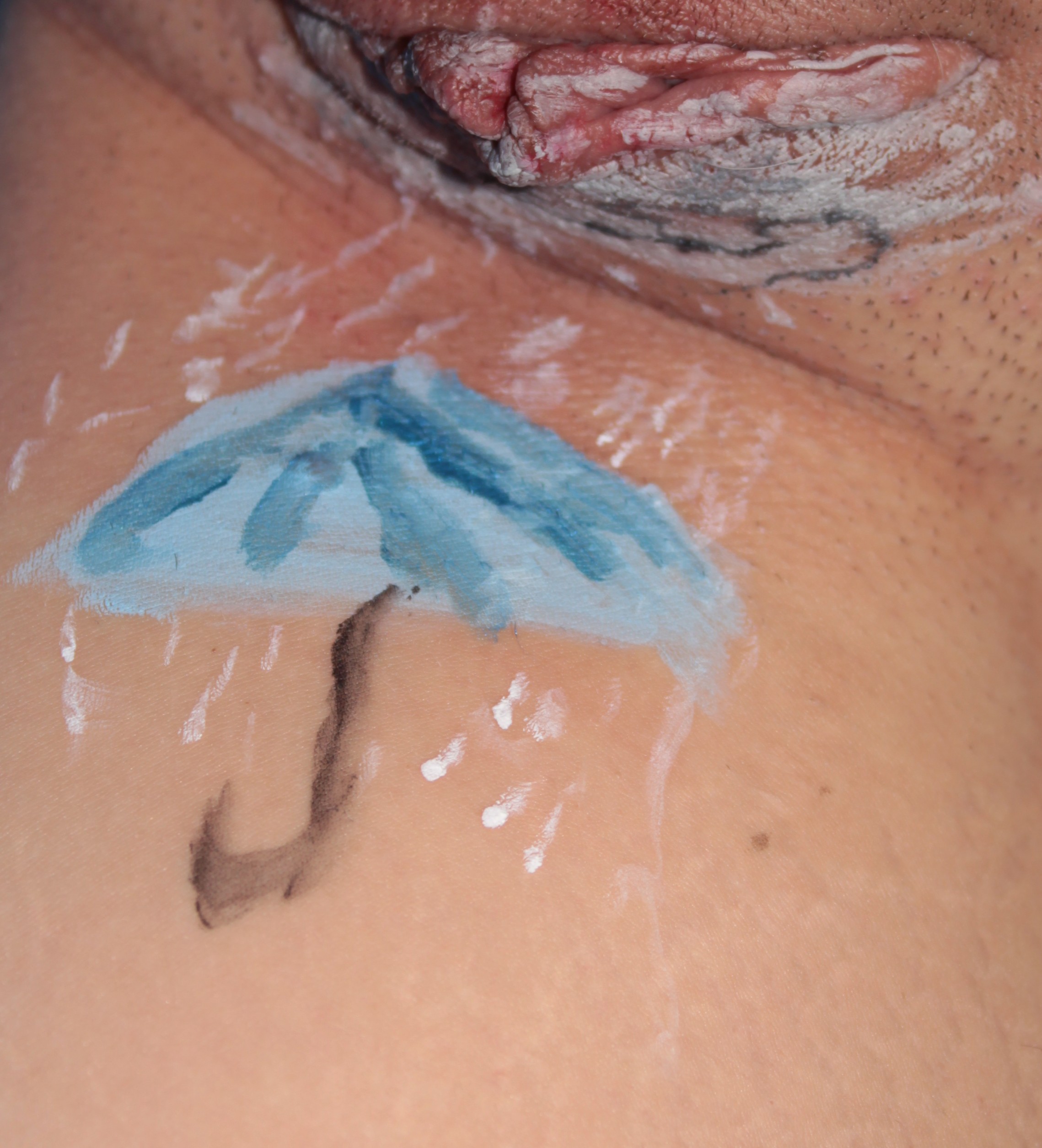 Rain cloud dropping rain on to an umbrella body painted over labia.