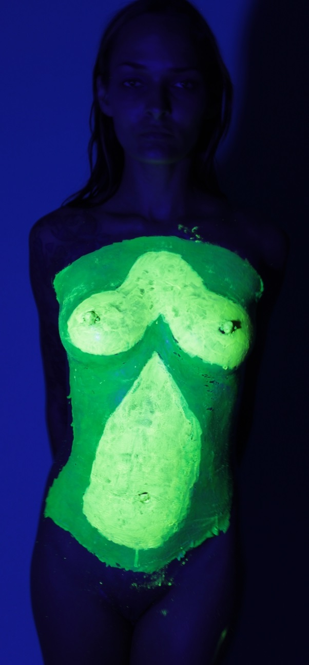 laytex U V yellow and green on woman's torso
