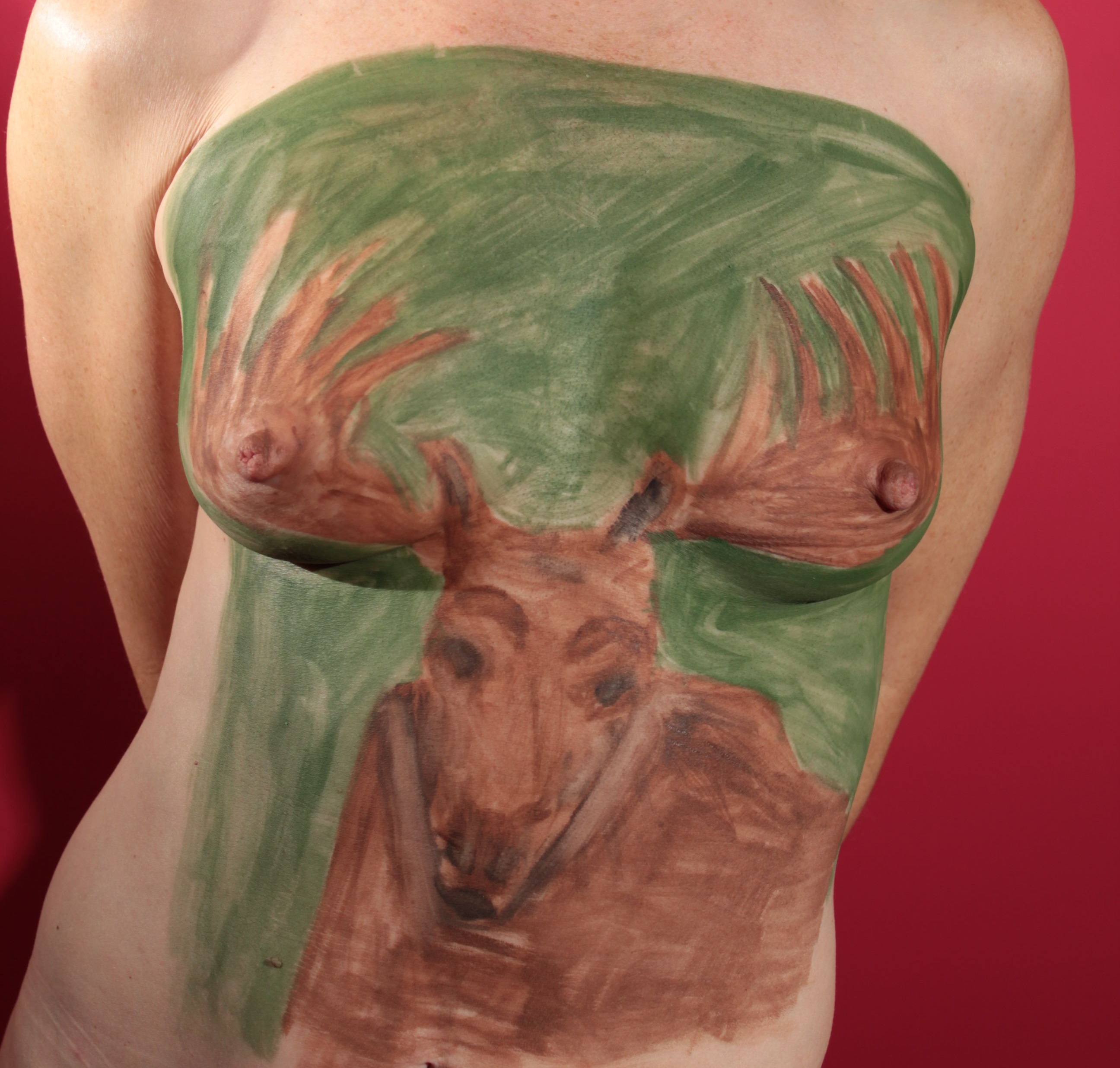 Moose face on woman's chest.