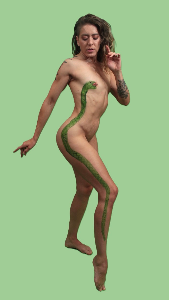 nude female with snake body painted on her right side: head on her breast and body going down her side to her ankle
