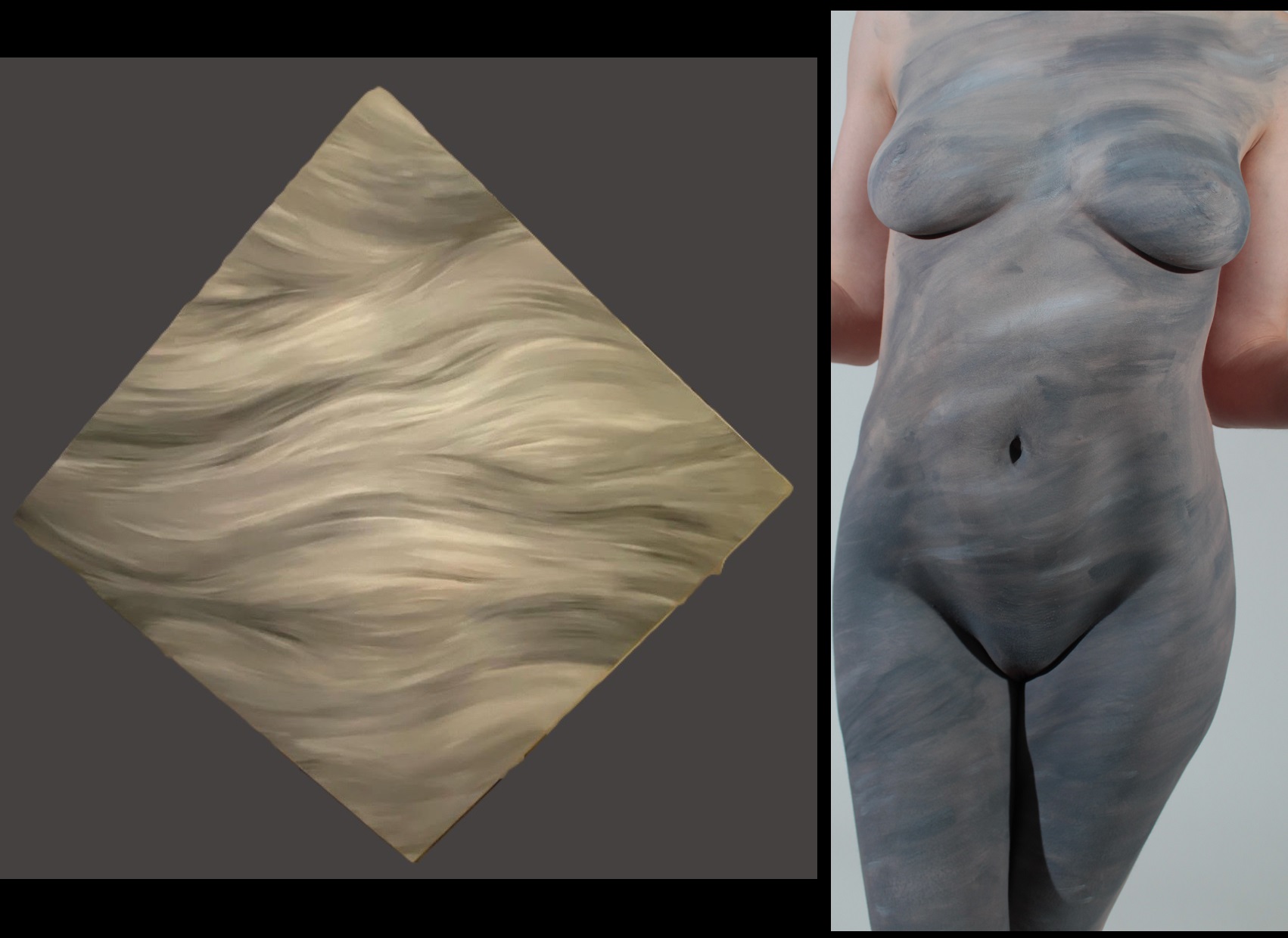 body painting on woman's torso of waves of grey and white next to original painting created by that woman