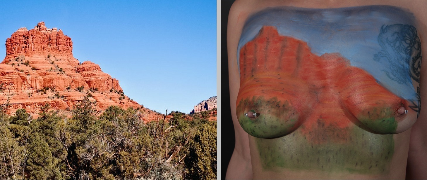 body painting on woman's torso of Arizona Monolith next to original photo of same taken by that woman