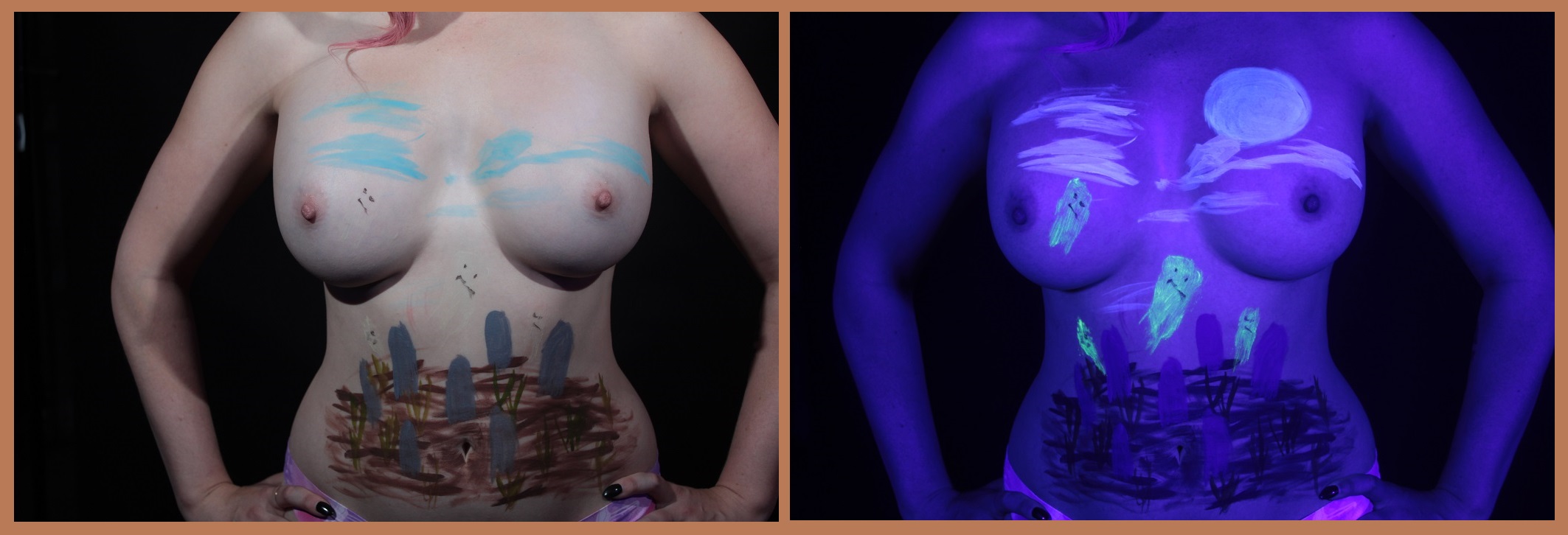 Graveyard scene painted on woman's body where ghosts only show up in U V ligthting.
