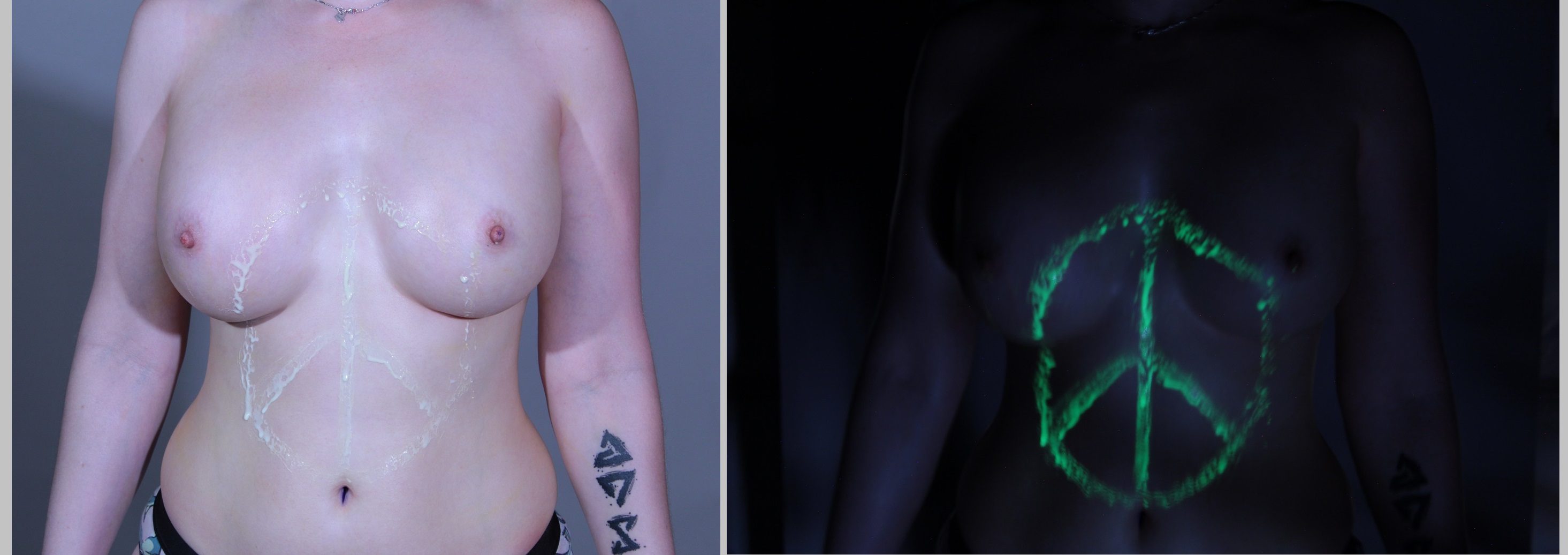 Peace sign painted on female stomach that only shows up when light with U V lighting.
