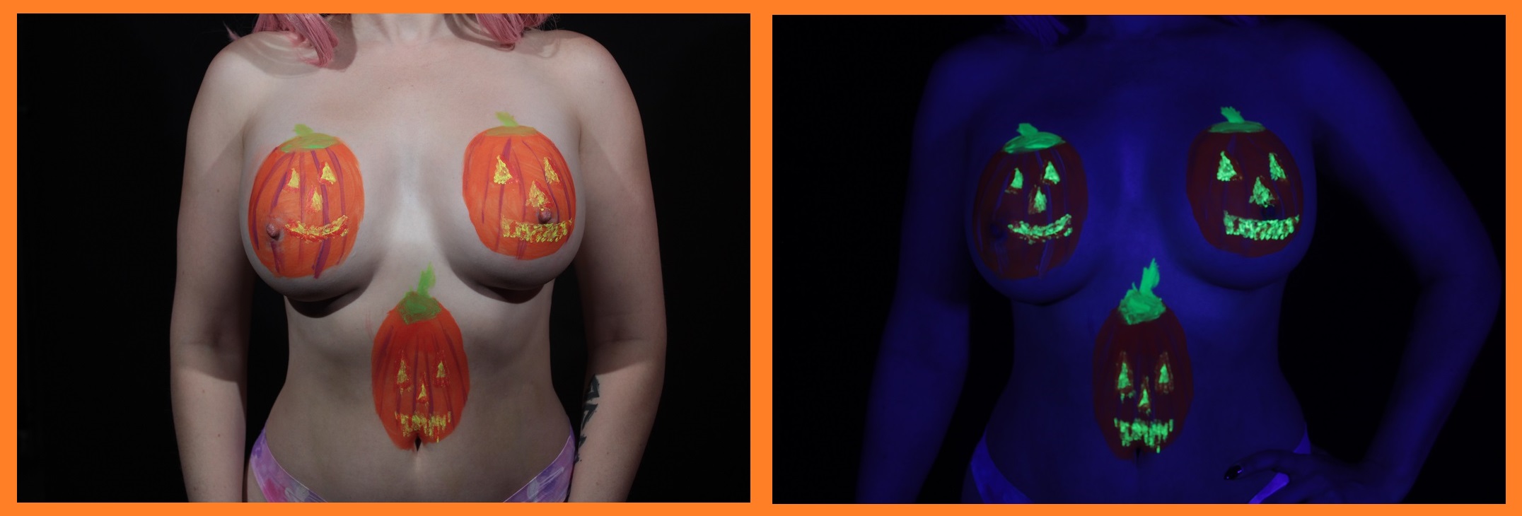 3 pumpkins painted on each of a woman's breast and stomach that glow in the U V ligthting.