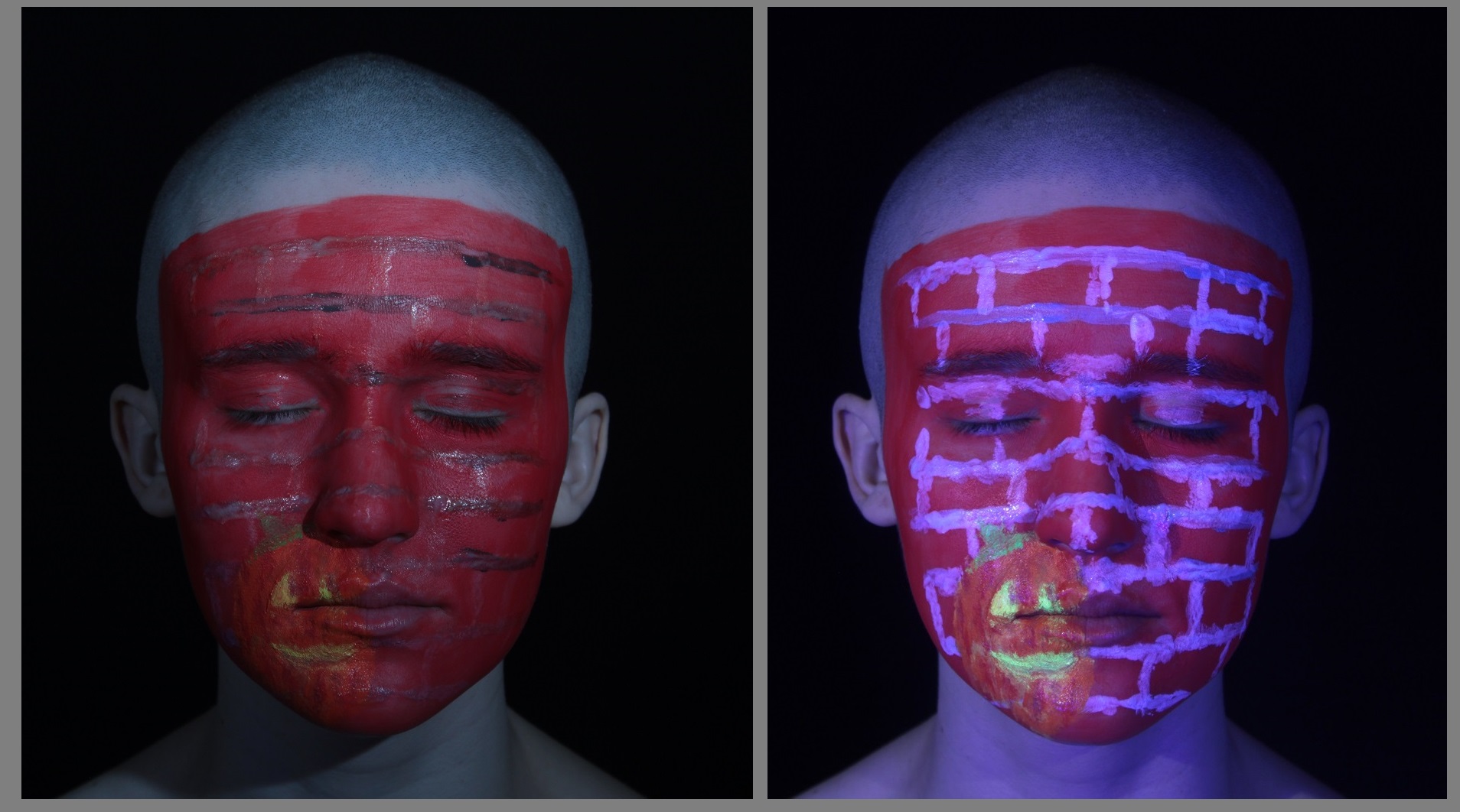 Face painting on female of lit pumpkin in front of a brick wall. 2 images one with and one without U V lighting
