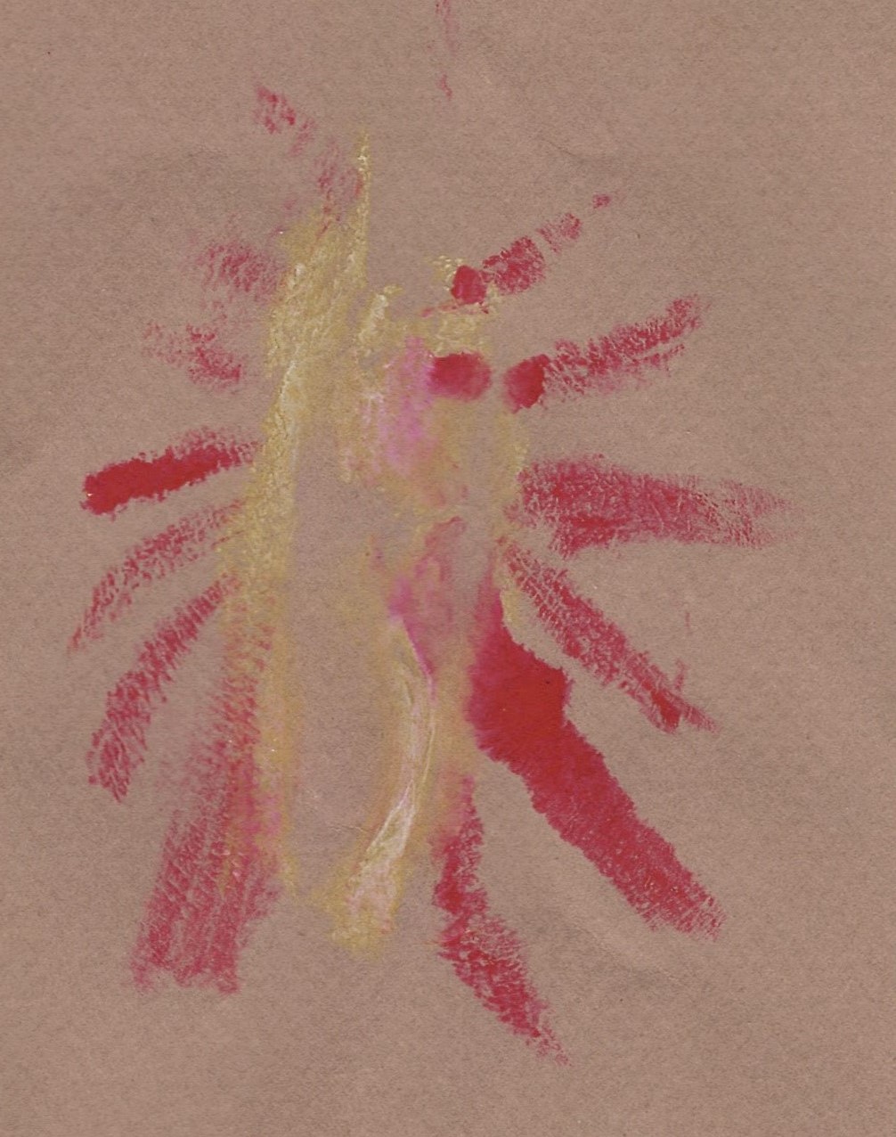 print made from yellow and red lines painted on labia