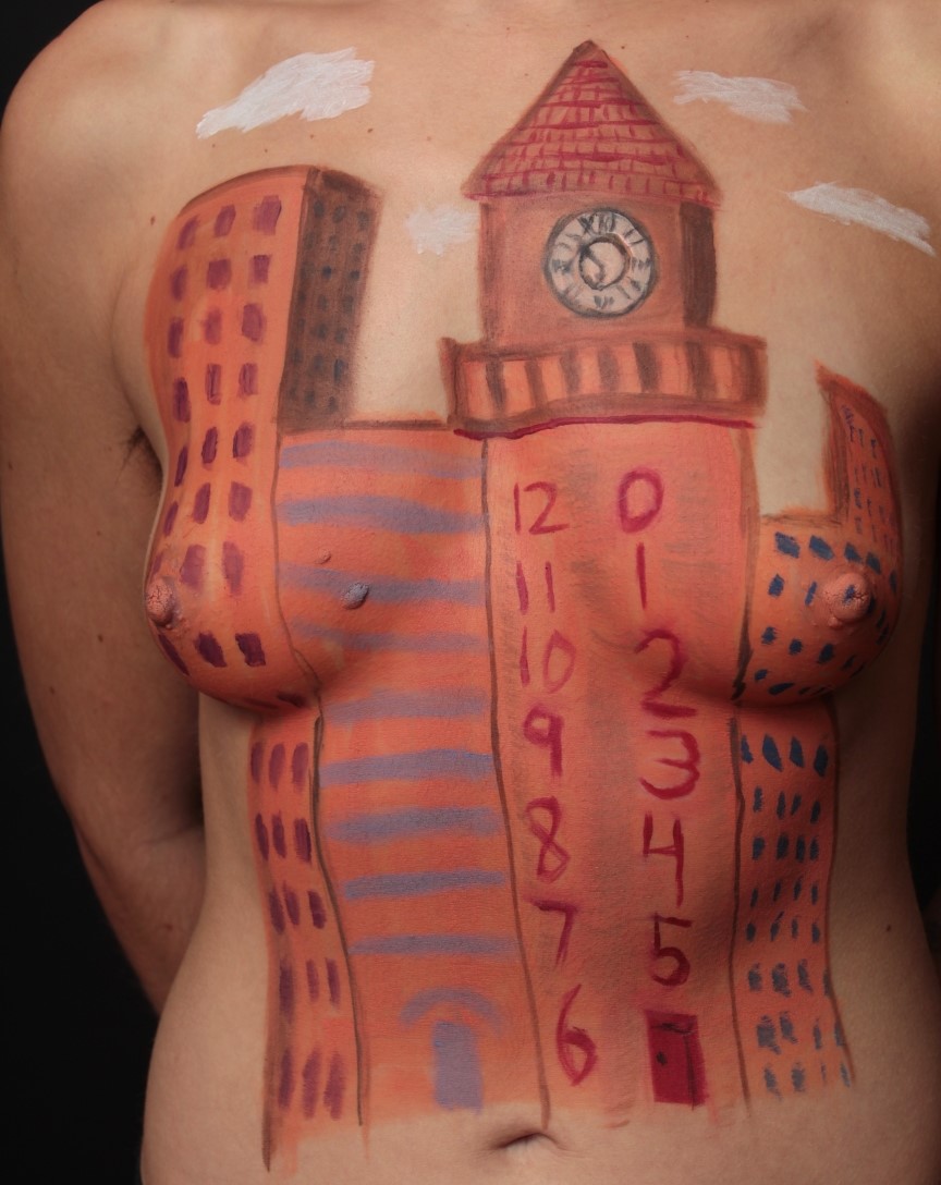 city skyline body painted on female torso