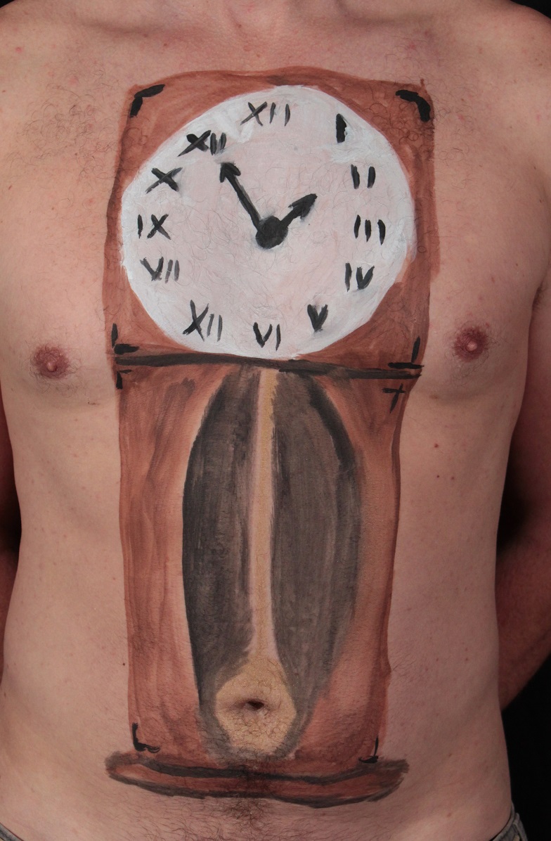 grandfather clock painted on male torso