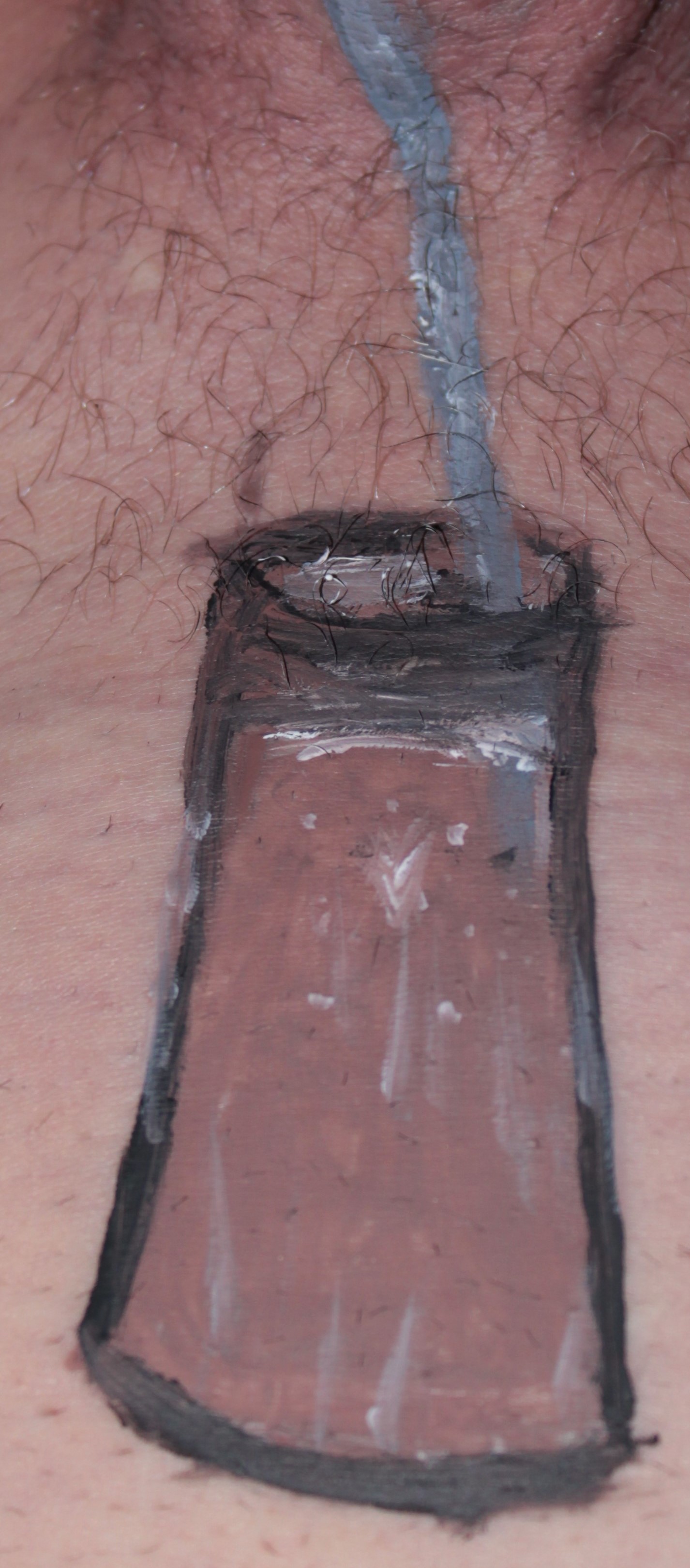 glass of soda painted on male's stomach, upside down, so the straw goes up along the penis