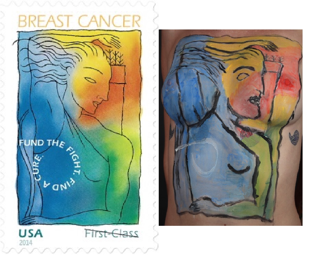 body painting of postage stamp on breast cancer awareness